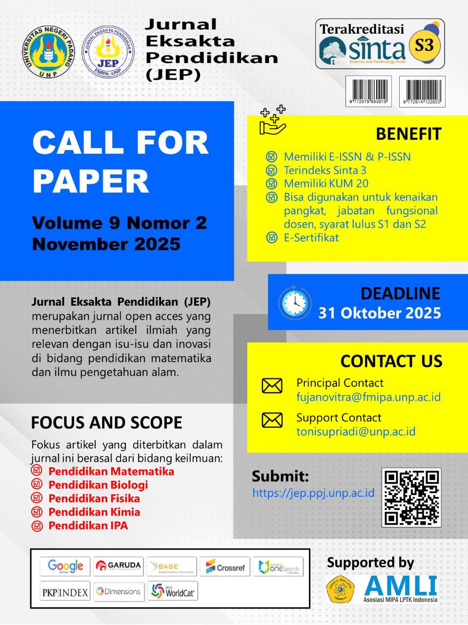 Call For Paper!! Jurnal Eksakta Pendidikan (JEP) Fast First Decision!! Terbit November 2025!!